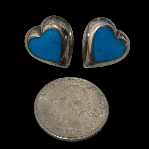 Vintage Turquoise Inlay Sterling Heart Stud Earrings - Picture 2 of 4